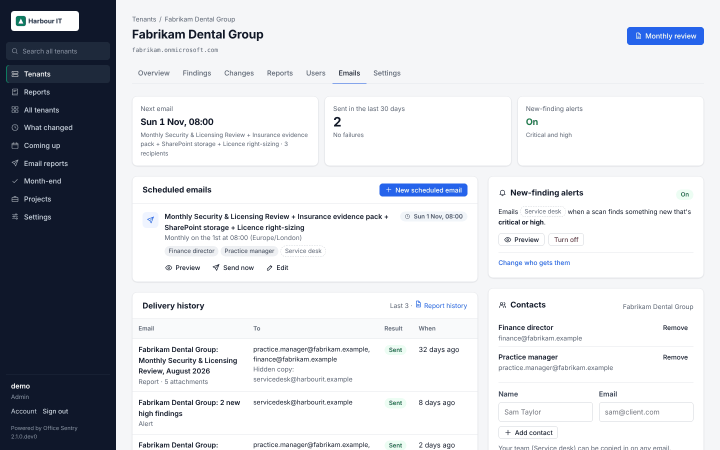 Schedules, alerts, contacts and the delivery history